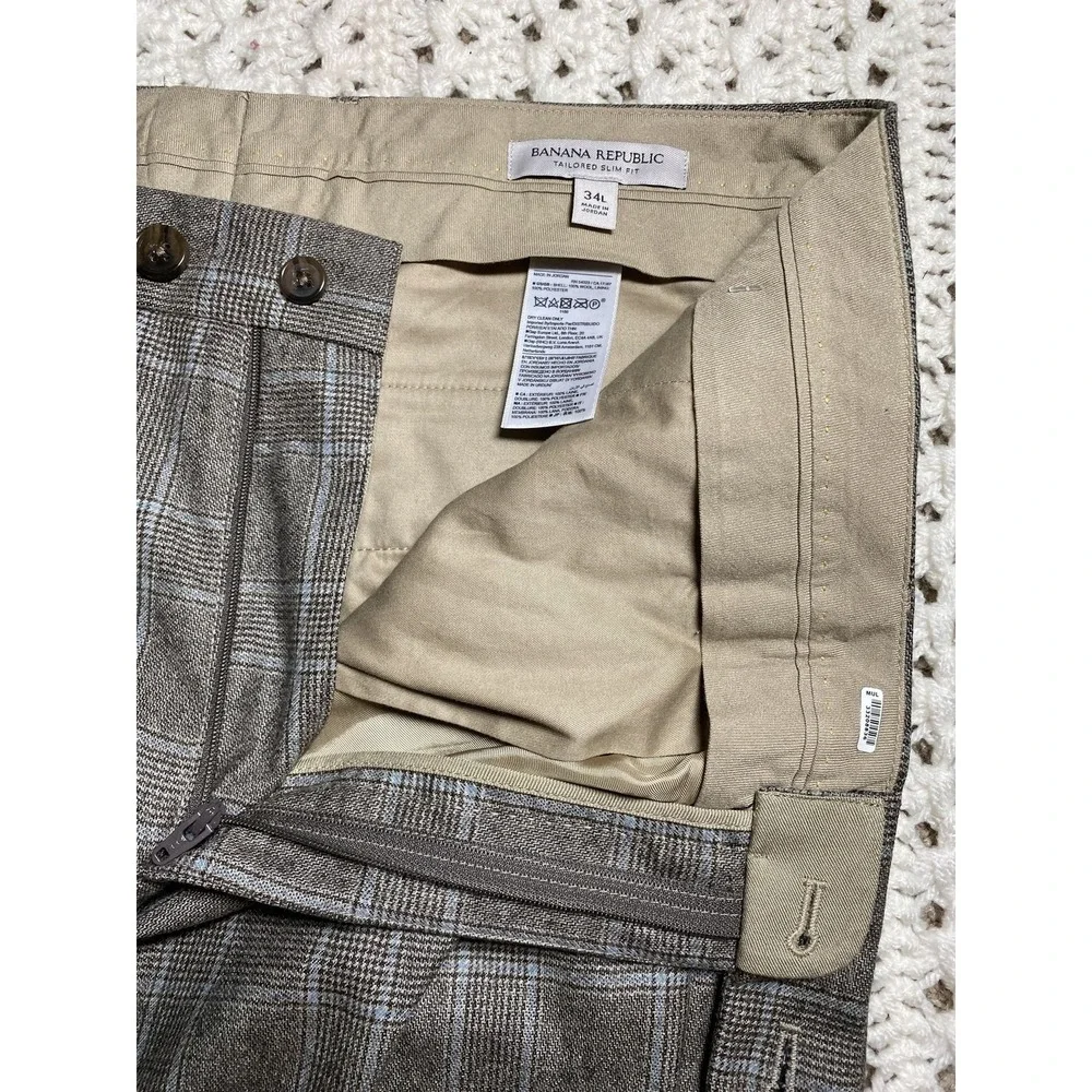 Men's Tailored Dress Pants Slim Fit Windowpane Size W36 34L Italian Flannel Wool